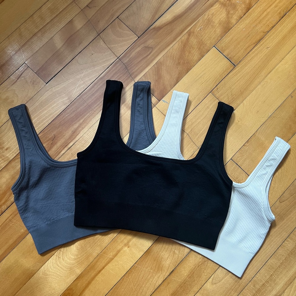 Seamless Ribbed Scoop Neck Bralette - Black, Gray, Cream